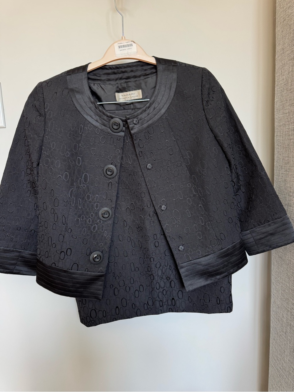 T Tahari Black Textured Cropped Blazer with Satin Trim & Matching Skirt